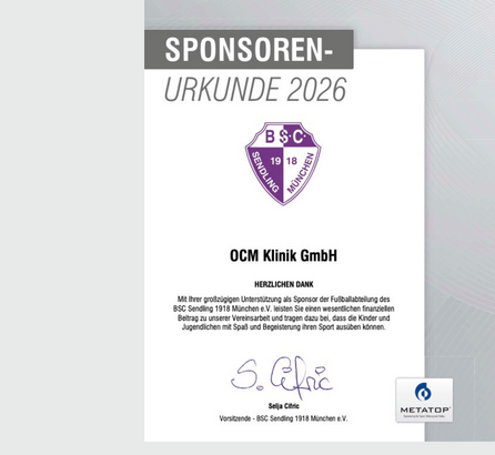 Sponsorenurkunde 2026 der OCM Klinik GmbH, violettes Logo des Fußballvereins BSC Sendling, schwarze Schrift auf weißem Hintergrund