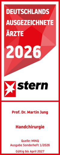Stern Ärztesiegel 2026 Handchirurgie Prof. Dr. med. Martin Jung, rot weißes Siegel mit weißer und roter Schrift