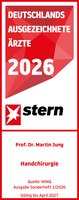 Prof. Dr. med. Martin Jung Stern Ärztesiegel 2026 Handchirurgie Prof. Dr. med. Martin Jung, rot weißes Siegel mit weißer und roter Schrift
