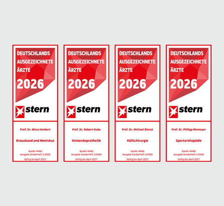 4 rot-weiße Stern Ärztesiegel 2026 nebeneinander in einem quadratischen Rahmen, hellgrauer Hintergrund