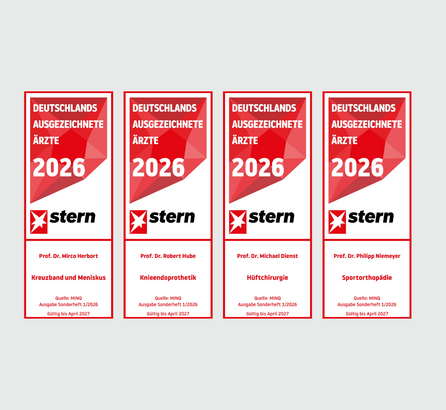4 rot-weiße Stern Ärztesiegel 2026 nebeneinander in einem quadratischen Rahmen, hellgrauer Hintergrund