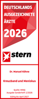 Dr. med. Manuel Köhne Stern Ärztesiegel 2026 Kreuzband und Meniskus Dr. med. Manuel Köhne, rot weißes Siegel mit weißer und roter Schrift