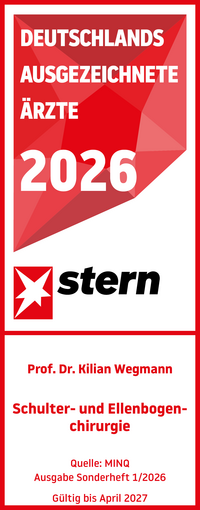 Stern Ärztesiegel 2026 Schulter- und Ellenbogenchirurgie Prof. Dr. med. Kilian Wegmann, rot weißes Siegel mit weißer und roter Schrift