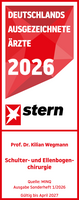 Prof. Dr. med. Kilian Wegmann Stern Ärztesiegel 2026 Schulter- und Ellenbogenchirurgie Prof. Dr. med. Kilian Wegmann, rot weißes Siegel mit weißer und roter Schrift