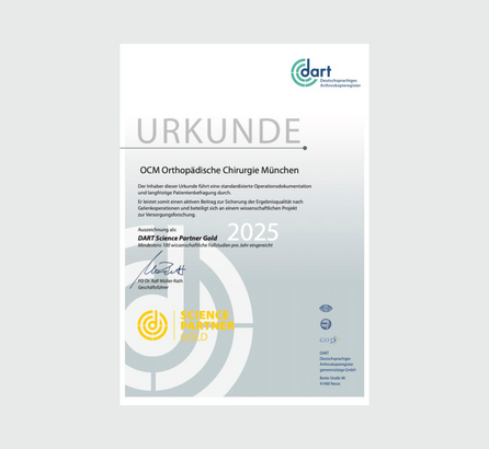 urkunde dart science partner gold 2025 für die com münchen, hellgraue urkunde
