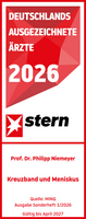 Prof. Dr. med. Philipp Niemeyer Stern Ärztesiegel 2026 Kreuzband und Meniskus Prof. Dr. med. Philipp Niemeyer, rot weißes Siegel mit weißer und roter Schrift